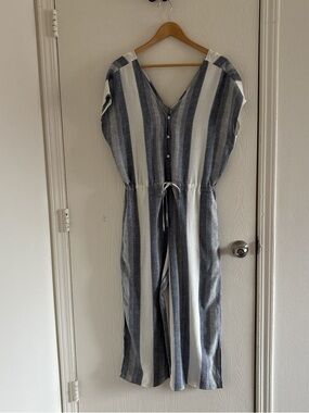 Cloth & Stone Women’s Medium Striped Jumpsuit Blue Gray White Linen Blend